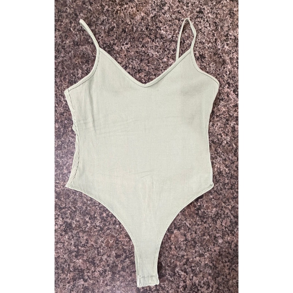 Lulus Sage Green Ribbed V-Neck Spaghetti Strap Thong Bodysuit Womens Large L